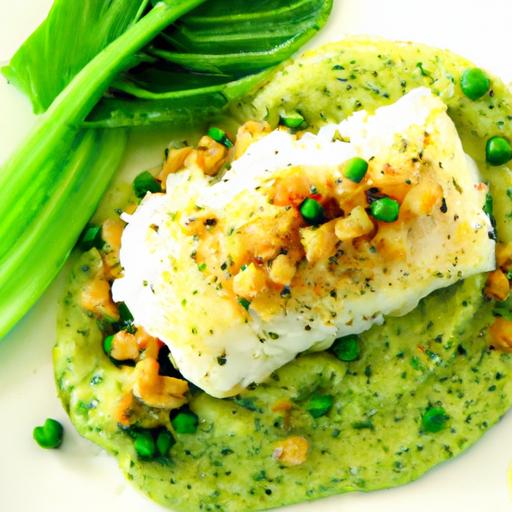 Herb-Crusted Cod Delight Paired with⁤ Vibrant ⁢Pea purée
