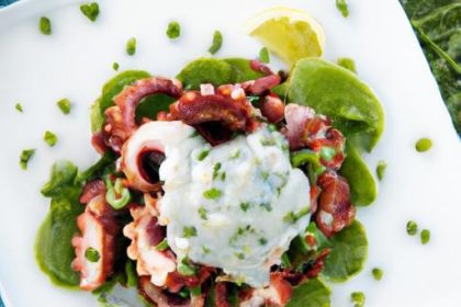 Savoring Charcoal-Grilled Octopus with Creamy Tzatziki Delight